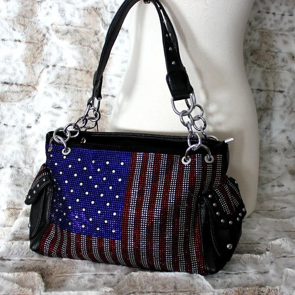 American Flag Red White Blue Rhinestone Bling Black Hobo Patriotic Handbag Bag